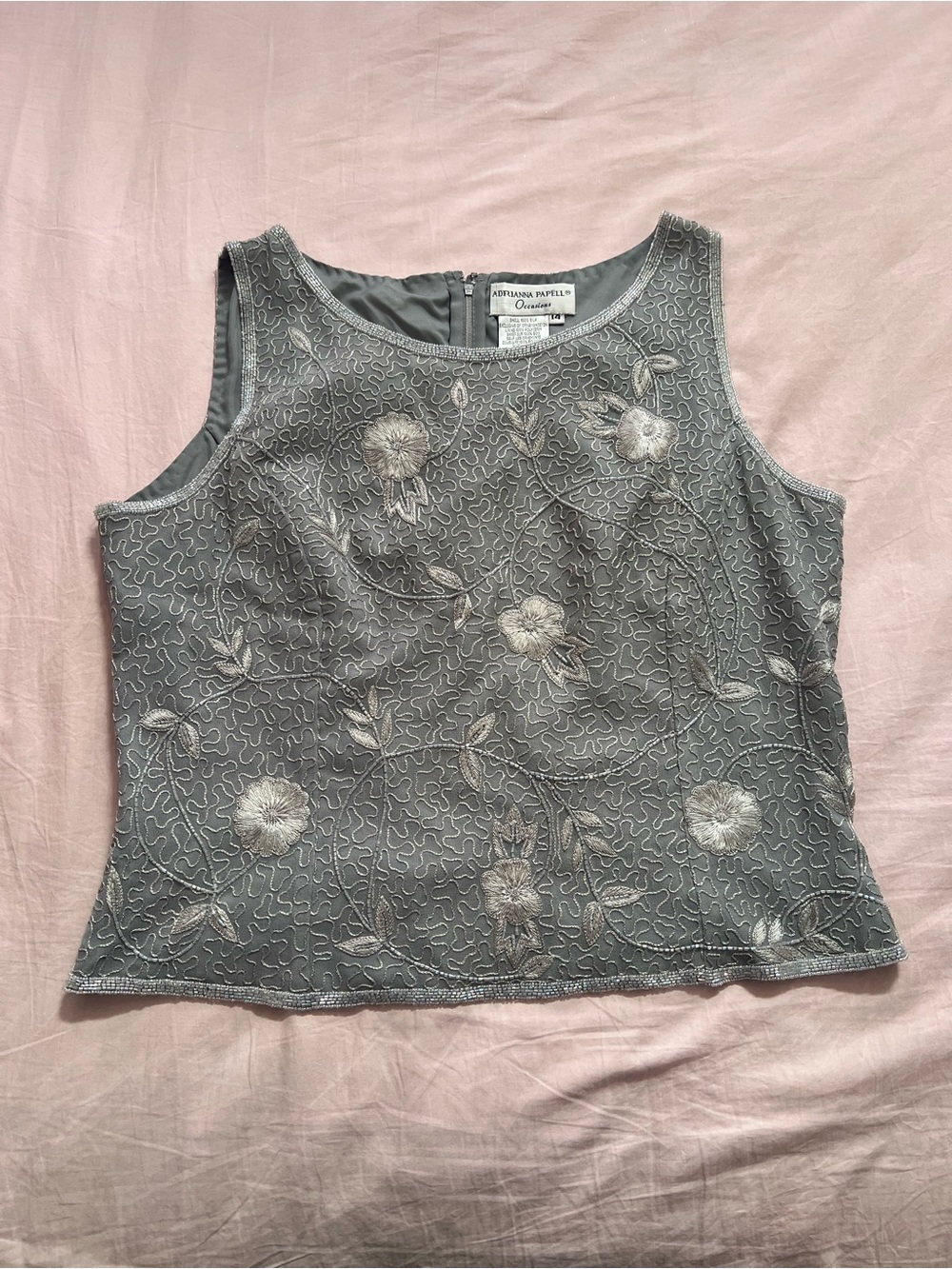 Adrianna Papell Gray Silver Beaded Embroidered Sleeveless Top